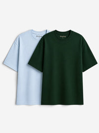 Relaxed Fit T-Shirt (Pack of 2) | 100% Cotton | Powder Blue & Green